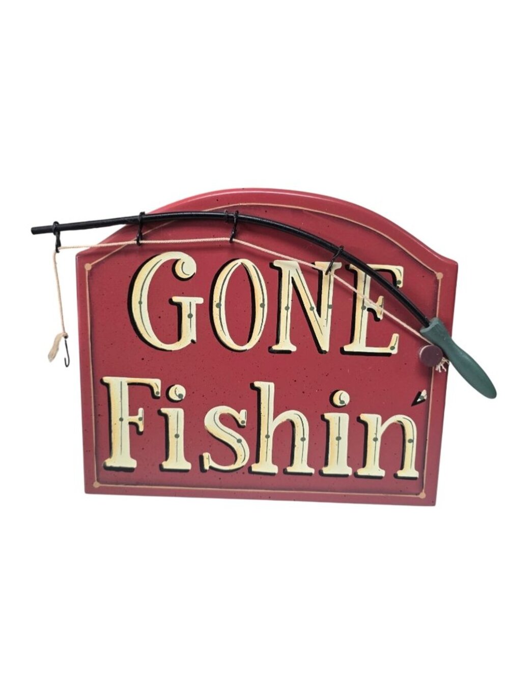 Gone Fishin Decorative Red Sign With Fishing Rod Accent